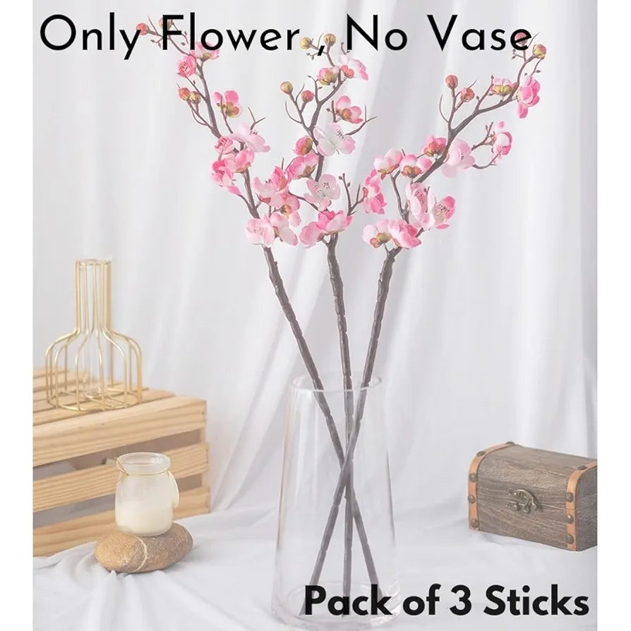 SATYAM KRAFT 3 Sticks Artificial Blossom Flower Bouquet Sticks for Home Decor, Bedroom, Living Room, Table, Balcony, Office, Wedding, Pooja, Anniversary Decorations – Dark Pink